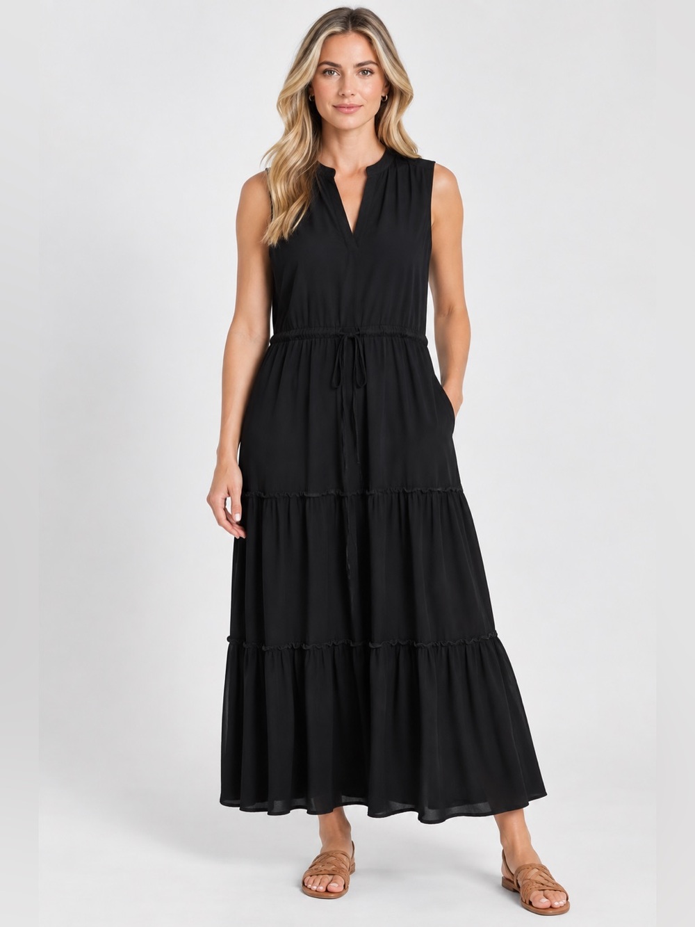 Lands End Sleeveless Tiered Maxi Dress Black XL Lyocell V Neck Drawstring Solid